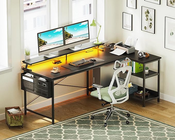 ODK 66 Inch Gaming Desk with USB Charging Ports and LED Lights, Reversible L - Image 9