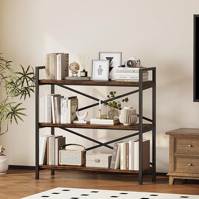 Homeiju 3 Tier Bookshelf 31.49" Width, Wood and Metal Etagere Bookcase - Image 2
