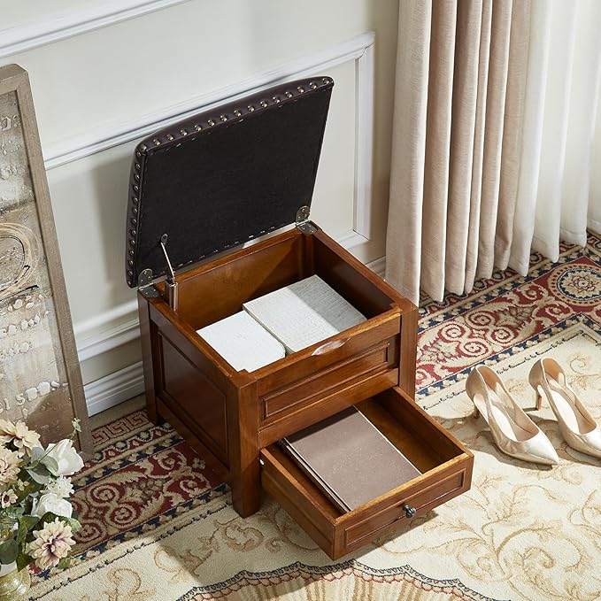 Storage Ottoman with Drawer, Microfiber Leather Padded Top Foot Rest Stool with - Image 4