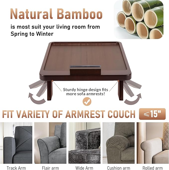 SINWANT Couch Armrest Table, Large Bamboo Couch Arm Table 360° Phone Holder - Image 3