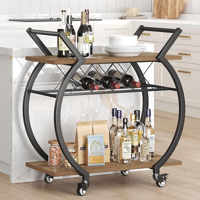 LVB Bar Cart with Wine Rack, 2 Tier Kitchen Cart on Wheels, Modern Wood and - Image 6