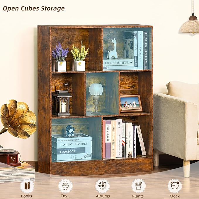 LEYAOYAO 7 Cube Bookshelf with Base, 3 Tier Mid-Century Modern Brown Bookcase - Image 3