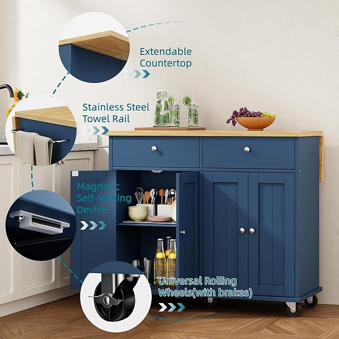Shintenchi Kitchen Island with Drop Leaf, Rolling Kitchen Cart with Storage on - Image 4