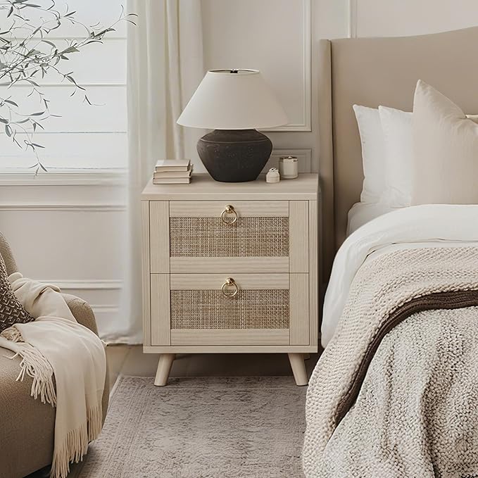 BOLUO Wooden Night Stand with 2 Drawer, Rattan Small Nightstand Boho Bedside by BOLUO