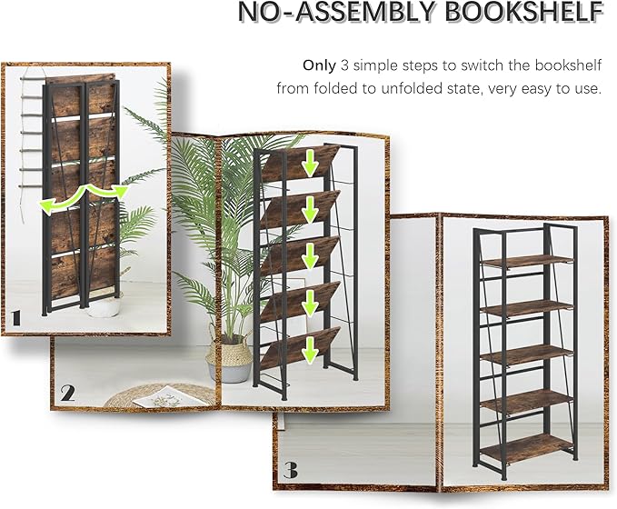 4NM No Assembly Folding Bookshelf, 5-Shelf 62.2" H Collapsible Foldable - Image 8