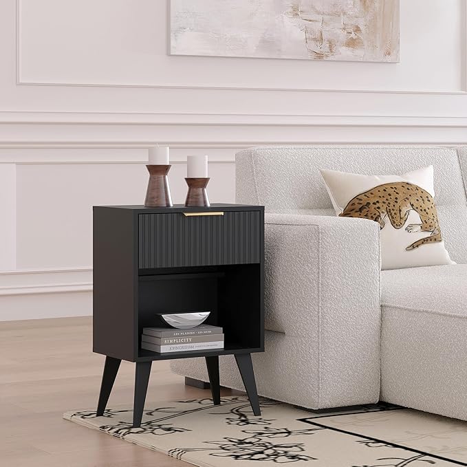 Fluted Night Stand with Opening Storage, Mid Century Bedside Table with Drawer - Image 2