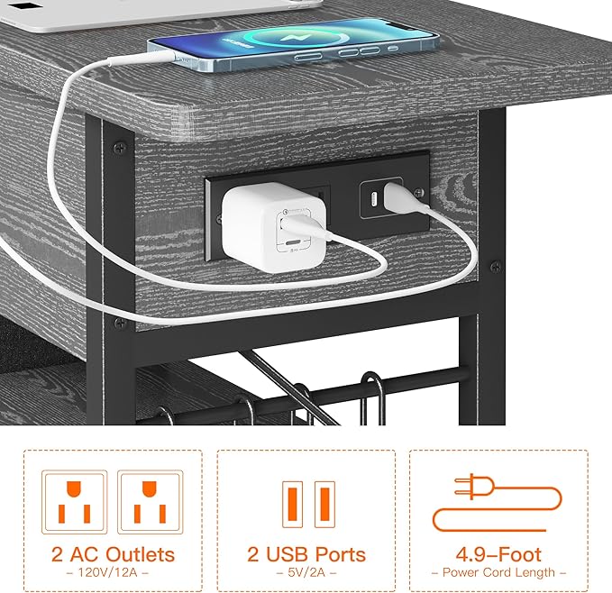 End Table with Charging Station, Flip Top Nightstand with USB Ports and Outlets - Image 5