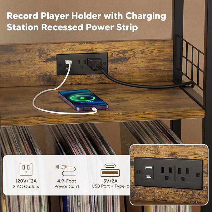 Record Player Stand with Charging Station, 3 Tier Turntable Stand with Storage - Image 3