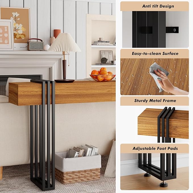 63 Inch Long Console Table, Industrial Sofa Table Behind The Couch Rectangular - Image 3