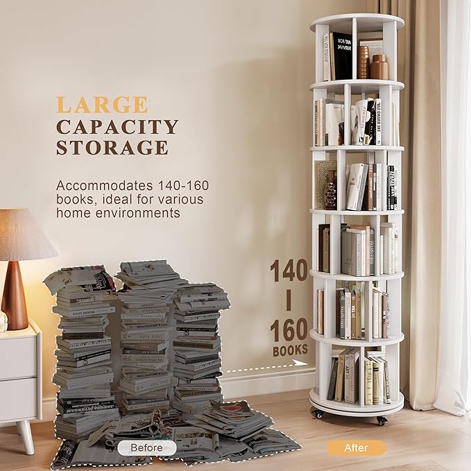 6 Tier Bookshelf Tower, 360° Solid Wood Spinning Bookcase - Image 3