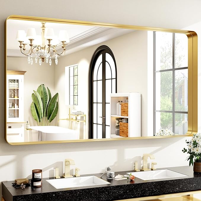 48 x 30 Inch Gold Bathroom Mirror, Rectangular Wall Mounted Shatterproof Mirror by EASLY