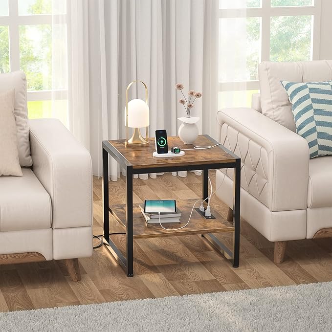 Homieasy End Table with Charging Station, 20 Inch Mini Fridge Stand with 2-Tier - Image 6