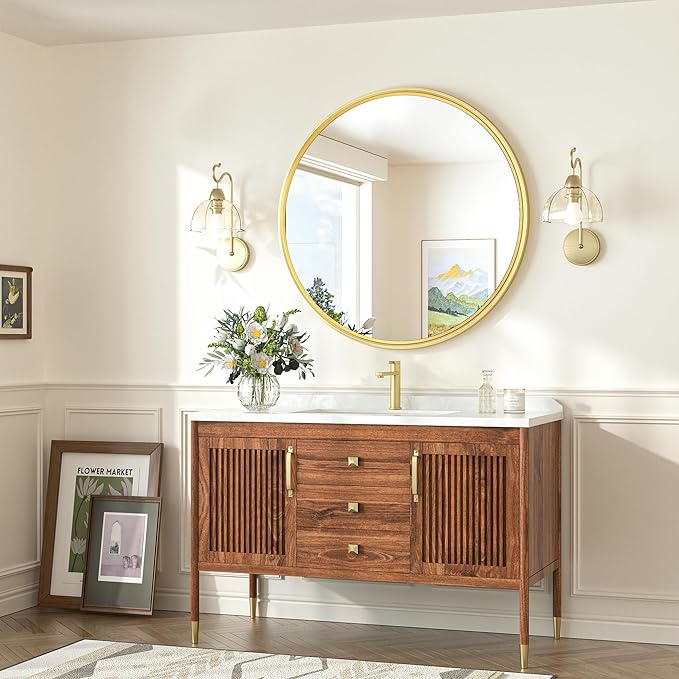 TokeShimi 30 in Round Framed Brushed Gold Mirror Bathroom Tempered, - Image 8