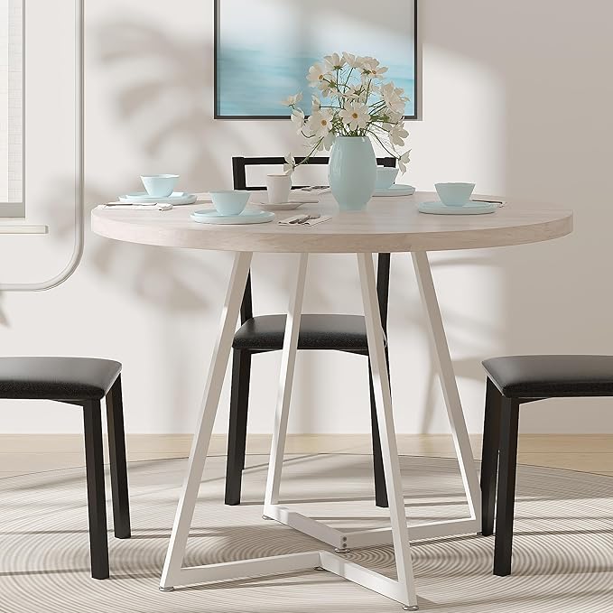 VECELO 35" Round Dining Table for 4, Wood-Grain Tabletop & Heavy-Duty Steel - Image 2