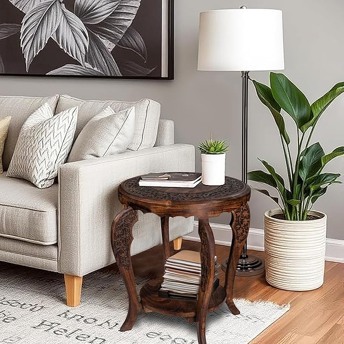 The Wooden Town Farmhouse Round Accent End Table, Rustic Side Table Nightstands - Image 2
