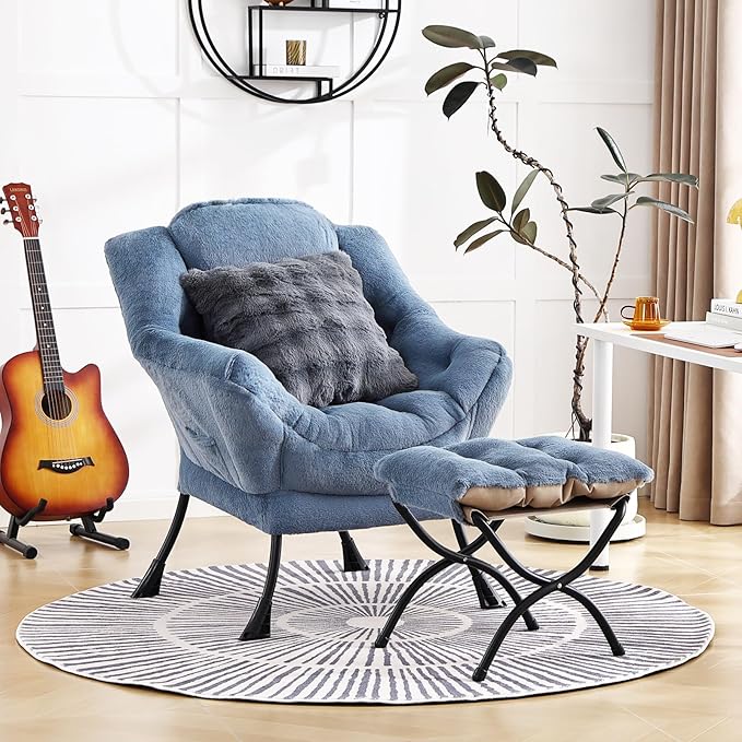 Lazy Chair with Ottoman, Comfy Reading Chair with Footstool & Throw Pillow - Image 2