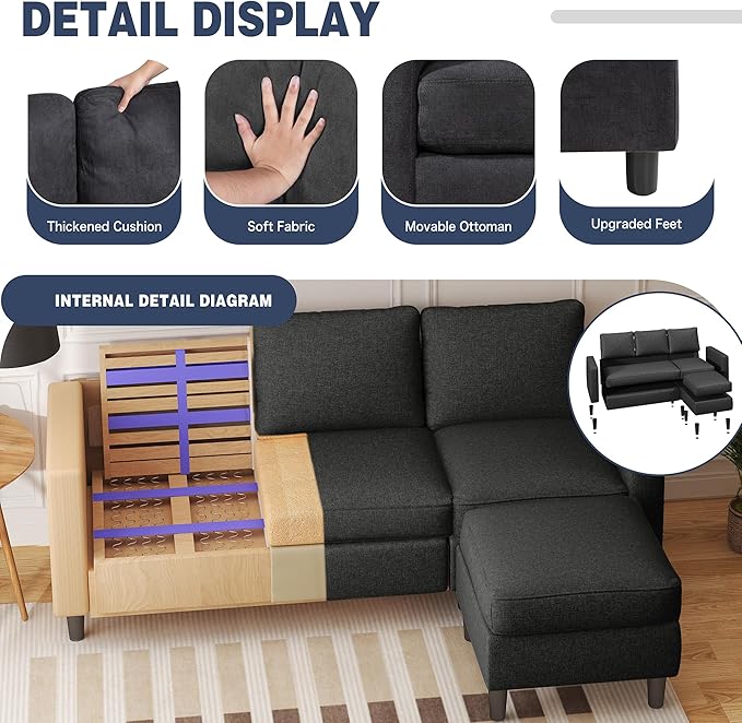 Small Sectional Sofa Couch, 3 Seat L Shaped Couches - Image 3