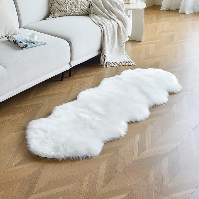 duduta White Faux Sheepskin Runner Rugs 2x6 ft, Fluffy Shag Bedroom Rug Fur by Duduta