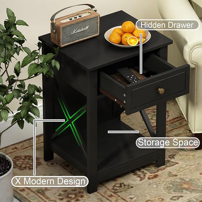 Treocho Black End Table Set of 2, Modern X-Design Night Stand, Bedside End Table - Image 6