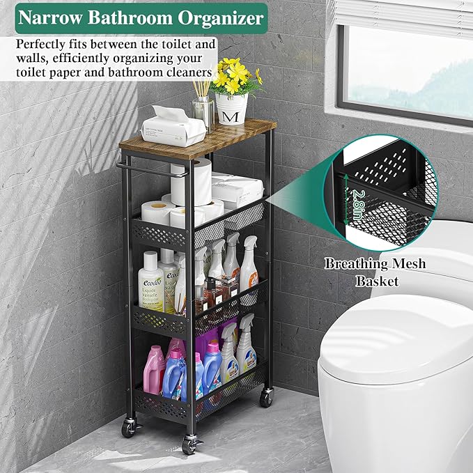 Utility Slim Storage Cart, 4-Tier Narrow Bathroom Organizer and Storage Cart - Image 5