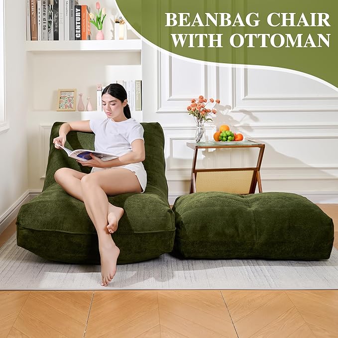 Bean Bag Chair with Ottoman, Comfy Bean Bag Sofa with Memory Foam, Lazy BeanBag - Image 3