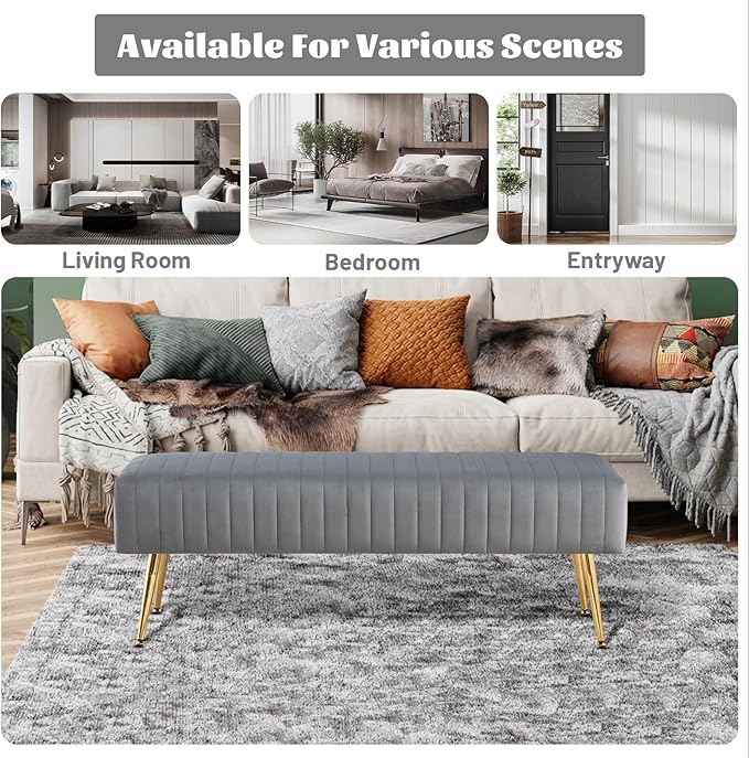 Furniliving 44 Inch Bedroom Benches, Upholstered Tufted Striped Fabric Ottoman - Image 7