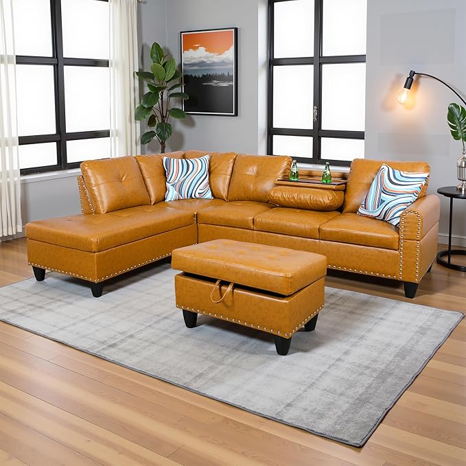 L Shaped Couch PU Leather Sectional Couch Upholstered 3 Pieces Sofas by LynginsCreativeLife