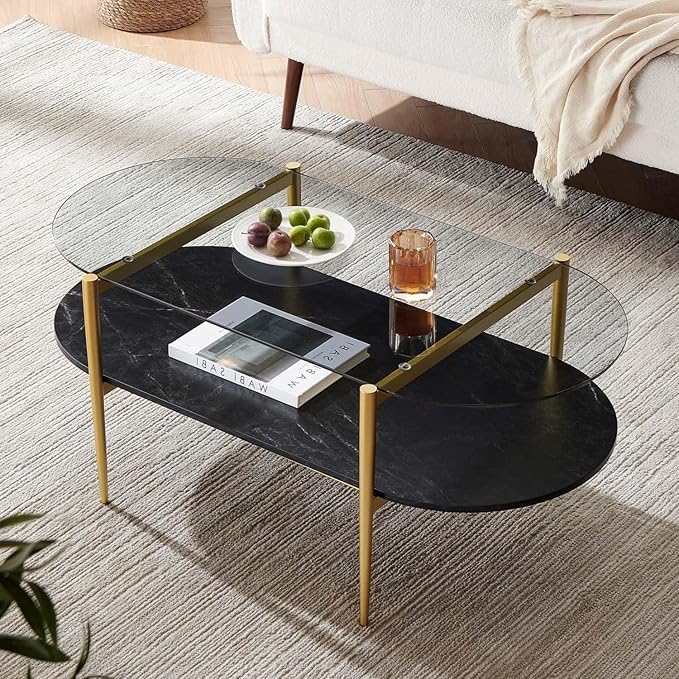 Oval Glass Coffee Table, Mid-Century Modern Design, L41 x W21 x H17 inch by LumFurn
