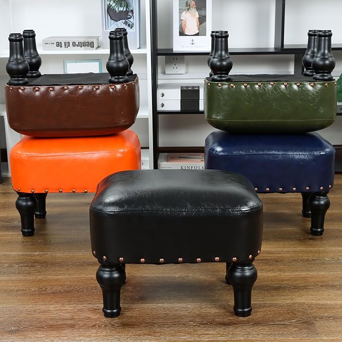 Ottoman Leather Foot Rest with Thicker Foam Padded Seat, Footstool with Wooden - Image 6