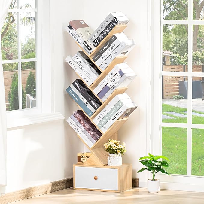 8 Tier Tree Bookshelf with Drawer, Free Standing Wood Bookcase - Image 2