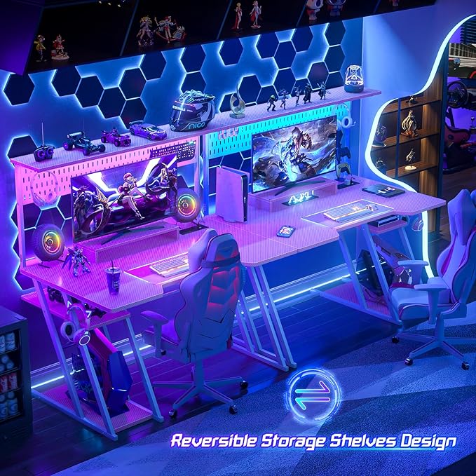 Gaming Computer Desk with Power Outlets, Gaming Desk with Hutch and LED Lights - Image 5