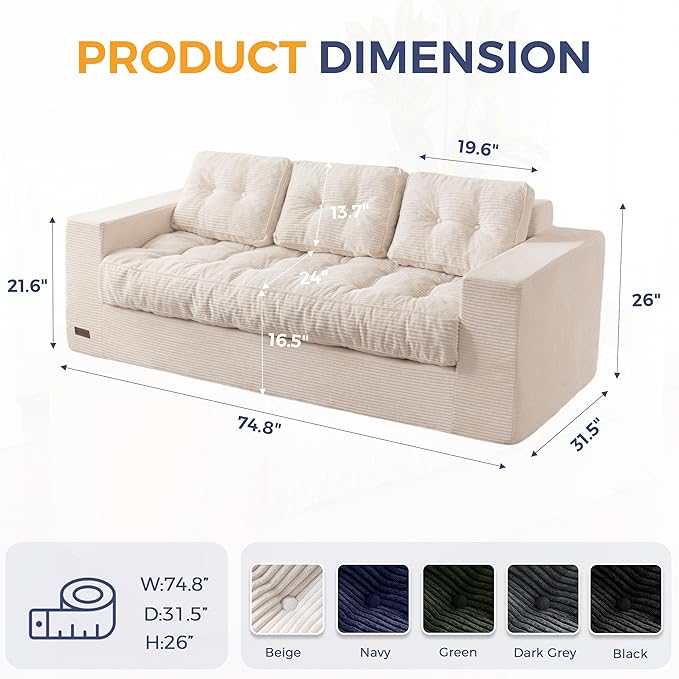 MAXYOYO 3 Seater Couch for Living Room, Boneless Couch - Image 2