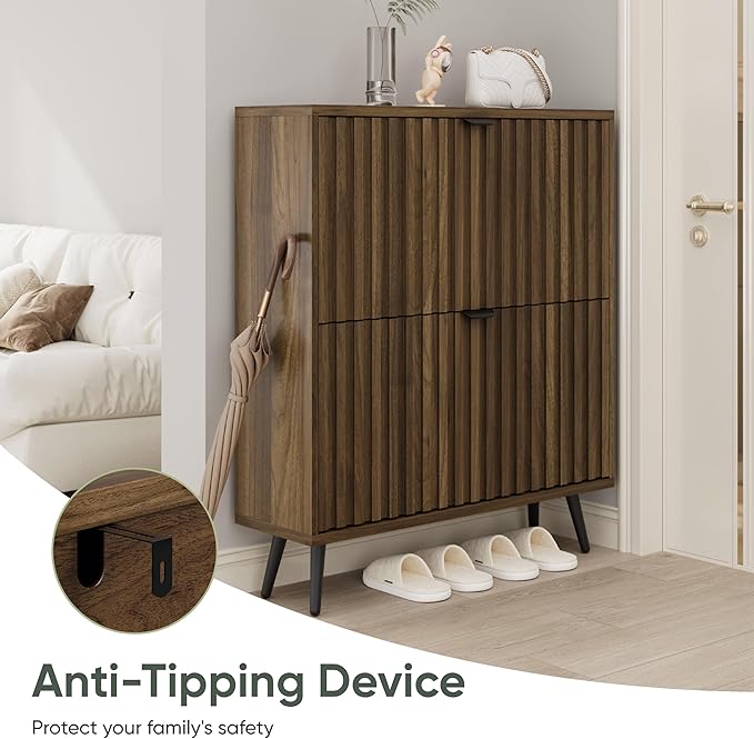 Smuxee Shoe Cabinet with 2 Flip Drawers, 31.5" Walnut Hidden Shoe Storage - Image 6