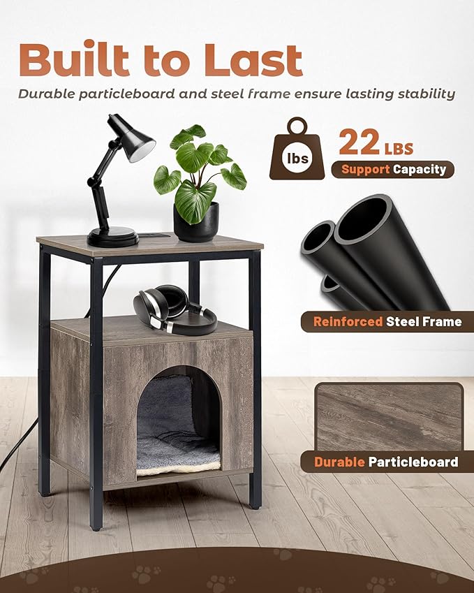 Cat End Table with Charging Station, Indoor Cat House Side Table with Bed - Image 7