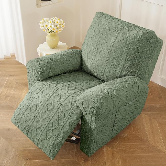 vctops Christmas Green 4 Pieces Geometric Jacquard Plush Recliner Slipcovers - Image 6