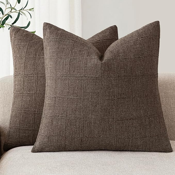 Foindtower Set of 2 Decorative Linen Check Throw Pillow Covers Neutral by Foindtower