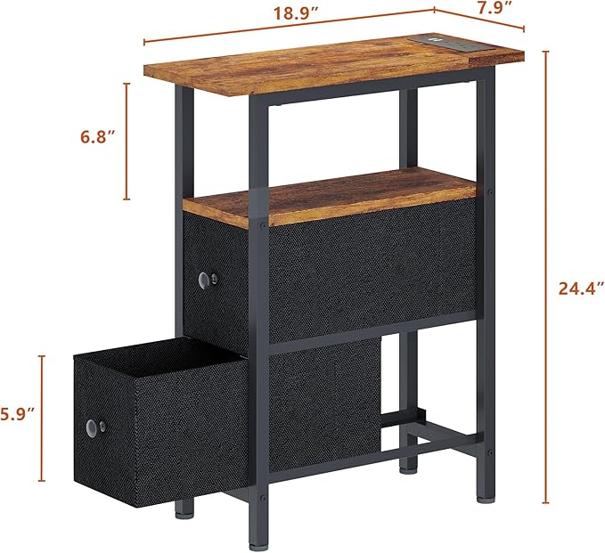 End Table with Charging Station, Narrow Side Table with 2 Fabric Drawers - Image 3