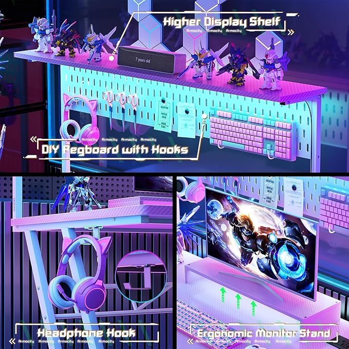 Gaming Computer Desk with Power Outlets, Gaming Desk with Hutch and LED Lights - Image 6