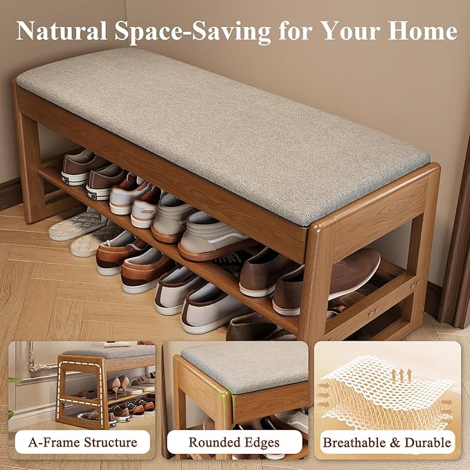 Shoe Rack Bench with Cotton-Linen Cushion 2-Tier Wooden Storage Bench 550lbs - Image 6