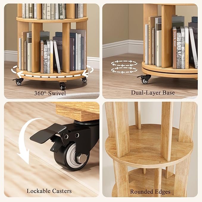 4 Tier Rotating Bookshelf Tower, 360 Spinning Bookcase Carousel - Image 6