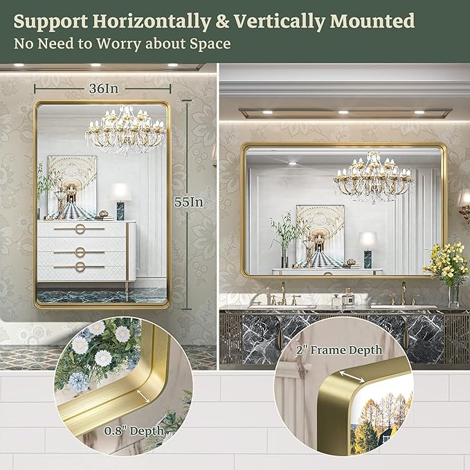 TokeShimi 55 x 36 Inch Brushed Gold Bathroom Mirror - Image 5