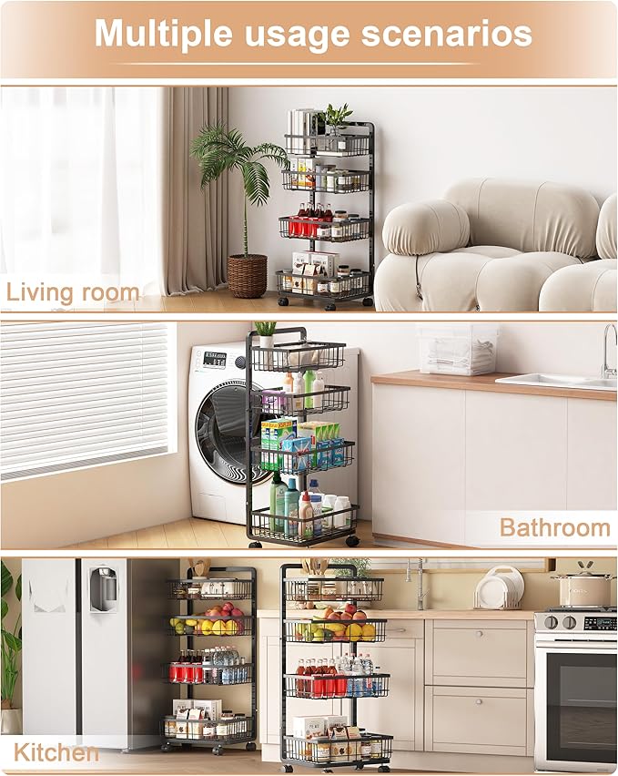 UMDONX 4-Tier Kitchen Storage Cart Metal Snack Cart Adjustable Fruit Basket on - Image 7