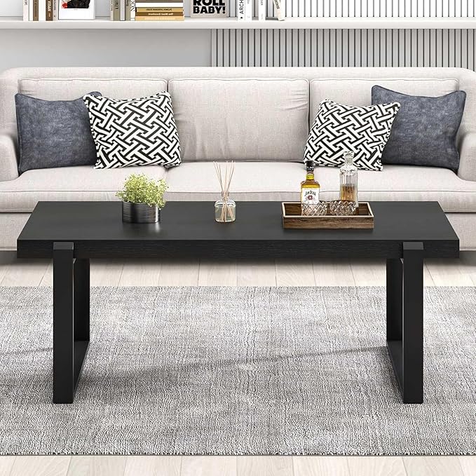 FOLUBAN Black Coffee Table, Modern Industrial Wood and Metal Center Table - Image 6