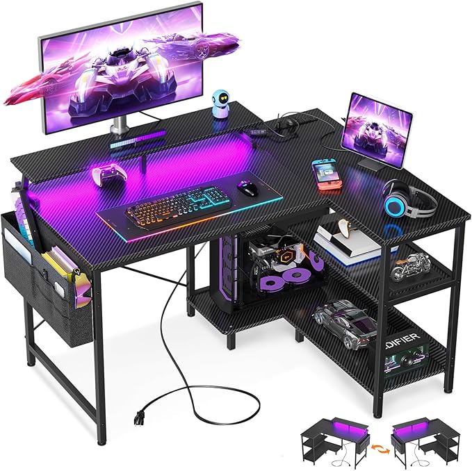 ODK 40 Inch Gaming Desk with USB Power Outlets and LED Lights, Reversible L by ODK
