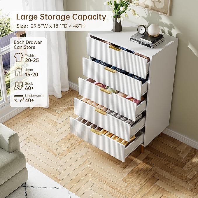 GarveeHome White Dresser, Modern 5 Drawer Dresser - Image 6