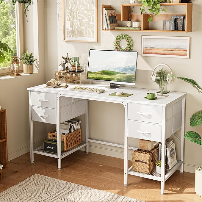 Huuger 55 Inch White Desk with 4 Drawers, Vanity Desk with Mesh Shelf - Image 2