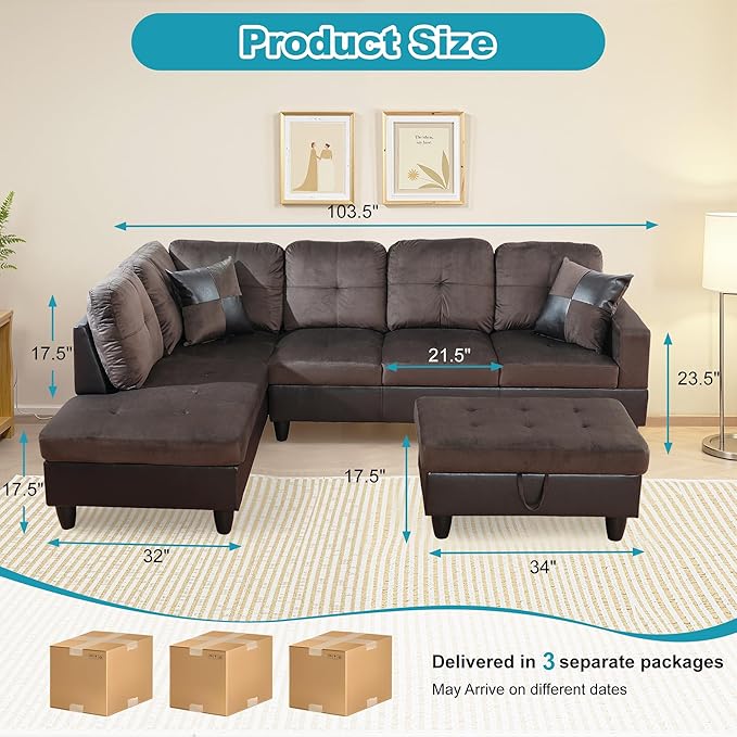 L Shaped Couch Upholstered Flannel Fabric 3 Pieces Sofas - Image 2