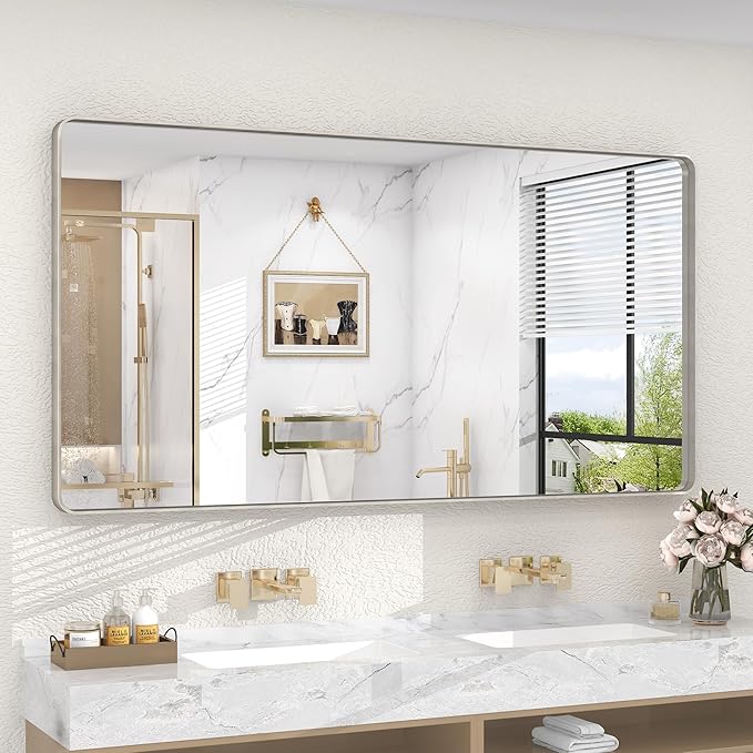 60x30 Silver Bathroom Mirror, Brushed Metal Framed Mirror by CHARMOR