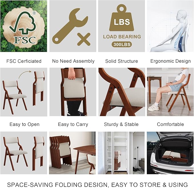 Folding Dining Chairs Set of 2, Upholstered Kitchen Chair - Image 5