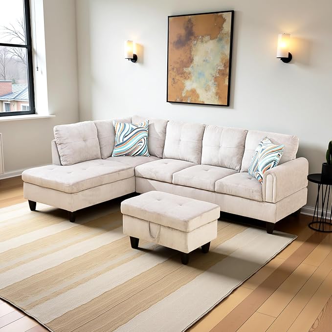 L Shaped Couch Modern Sectional Couch Upholstered Corduroy Fabric 3 Pieces Sofas - Image 4